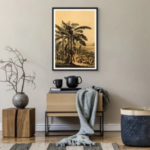 Plakat w czarnej ramie - w kolonialnym klimacie - Ilustracja palm na tle tropikalnego krajobrazu - 50x70cm